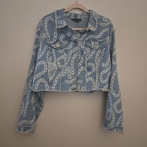 Ashley Stewart Crop  Denim Jean Jacket Size 18/20 Chain Print